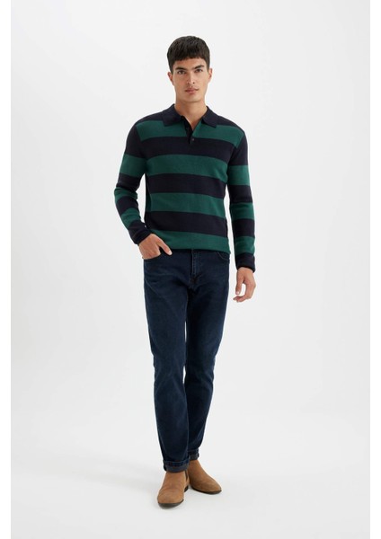 Standart Fit Polo Yaka Düğmeli Renk Bloklu Triko Kazak Y4194AZ24WN