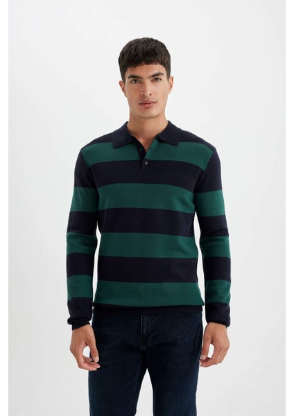 Standart Fit Polo Yaka Düğmeli Renk Bloklu Triko Kazak Y4194AZ24WN