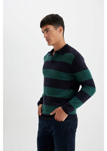 Standart Fit Polo Yaka Düğmeli Renk Bloklu Triko Kazak Y4194AZ24WN