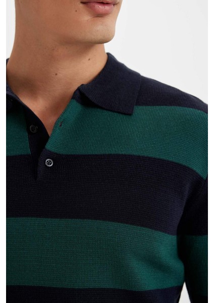 Standart Fit Polo Yaka Düğmeli Renk Bloklu Triko Kazak Y4194AZ24WN