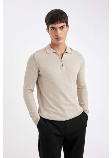 Standart Fit Normal Kesim Fermuarlı Polo Yaka Triko Kazak D0621AX24AU