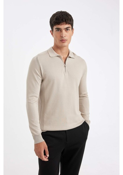 Standart Fit Normal Kesim Fermuarlı Polo Yaka Triko Kazak D0621AX24AU