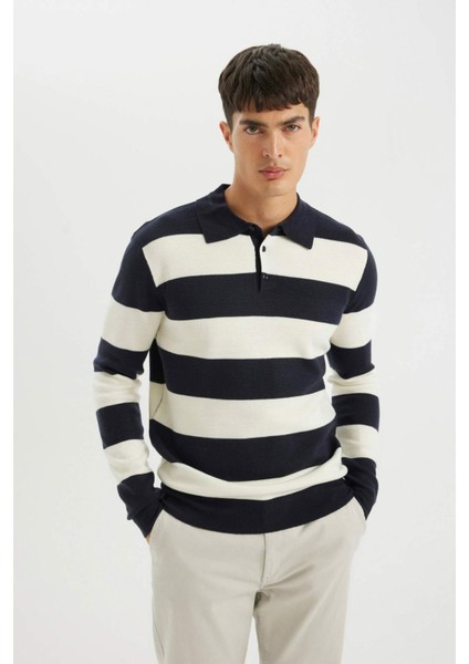 Standart Fit Polo Yaka Düğmeli Renk Bloklu Triko Kazak Y4194AZ24WN