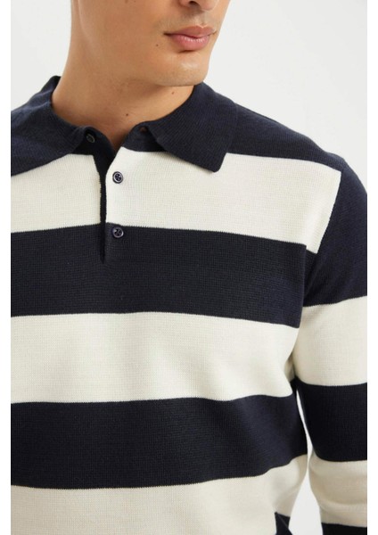 Standart Fit Polo Yaka Düğmeli Renk Bloklu Triko Kazak Y4194AZ24WN