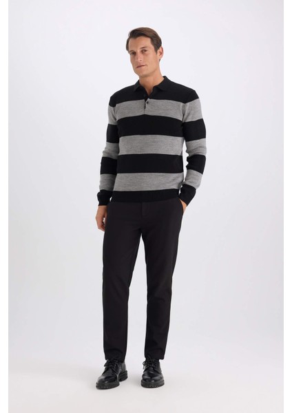 Standart Fit Polo Yaka Düğmeli Renk Bloklu Triko Kazak Y4194AZ24WN