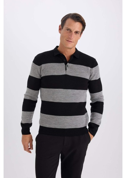 Standart Fit Polo Yaka Düğmeli Renk Bloklu Triko Kazak Y4194AZ24WN