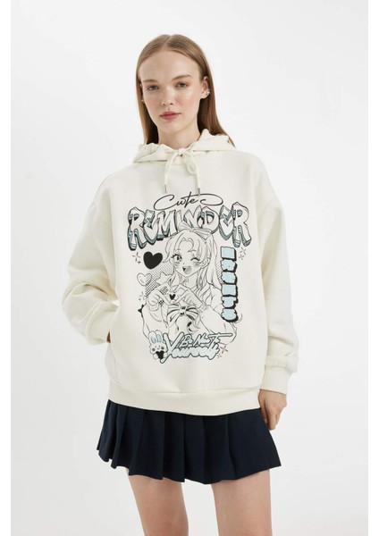 Oversize Geniş Kalıp Kapüşonlu Baskılı Kalın Sweatshirt C7859AX24WN