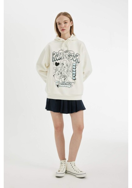 Oversize Geniş Kalıp Kapüşonlu Baskılı Kalın Sweatshirt C7859AX24WN