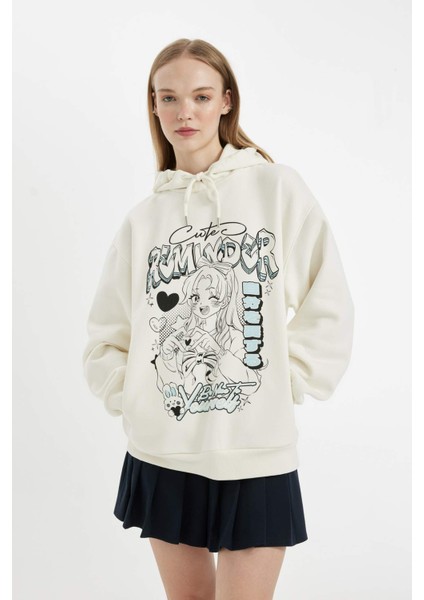 Oversize Geniş Kalıp Kapüşonlu Baskılı Kalın Sweatshirt C7859AX24WN