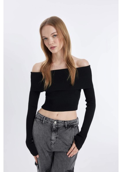 Coool Slim Fit Dar Kesim Açık Omuz Basic Düz Triko Kazak B6537AX24WN