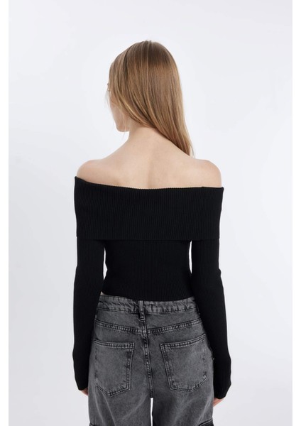 Coool Slim Fit Dar Kesim Açık Omuz Basic Düz Triko Kazak B6537AX24WN