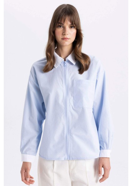 Relax Fit Fermuarlı Poplin Uzun Kollu Tesettür Gömlek Tunik C7826AX24SM
