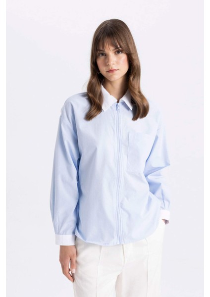 Relax Fit Fermuarlı Poplin Uzun Kollu Tesettür Gömlek Tunik C7826AX24SM