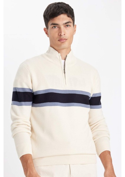 Standart Fit Normal Kesim Dik Yaka Fermuarlı Çizgili Triko Kazak Y4193AZ24WN