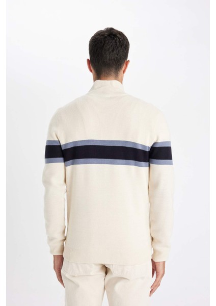 Standart Fit Normal Kesim Dik Yaka Fermuarlı Çizgili Triko Kazak Y4193AZ24WN