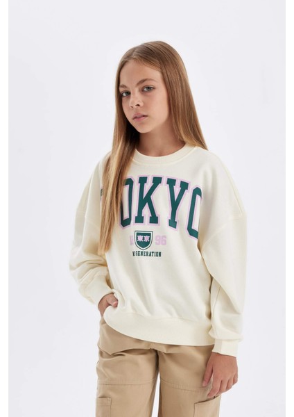 Kız Çocuk Oversize Geniş Kalıp Bisiklet Yaka Baskılı Okul Sweatshirt C7461A824AU