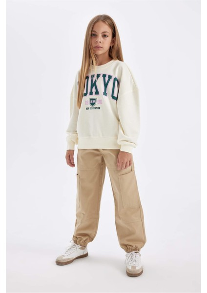 Kız Çocuk Oversize Geniş Kalıp Bisiklet Yaka Baskılı Okul Sweatshirt C7461A824AU
