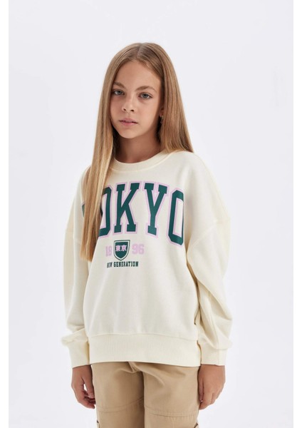 Kız Çocuk Oversize Geniş Kalıp Bisiklet Yaka Baskılı Okul Sweatshirt C7461A824AU
