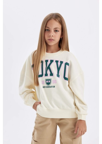 Kız Çocuk Oversize Geniş Kalıp Bisiklet Yaka Baskılı Okul Sweatshirt C7461A824AU