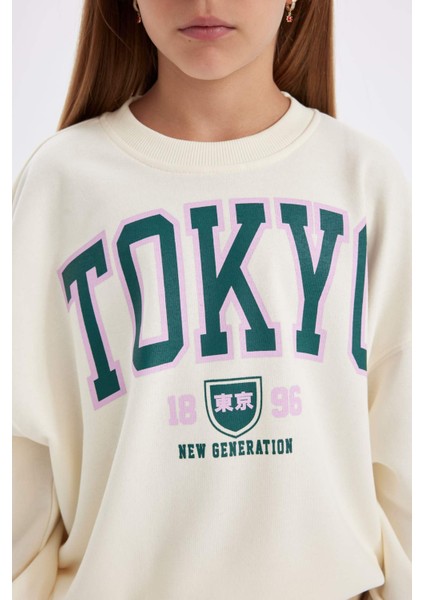 Kız Çocuk Oversize Geniş Kalıp Bisiklet Yaka Baskılı Okul Sweatshirt C7461A824AU