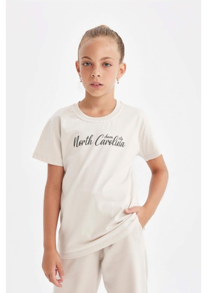 Kız Çocuk Bisiklet Yaka Yazı Baskılı Kısa Kollu Okul Tişörtü