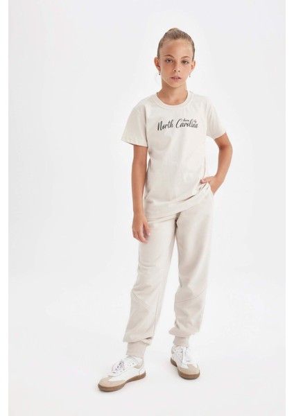 Kız Çocuk Bisiklet Yaka Yazı Baskılı Kısa Kollu Okul Tişörtü