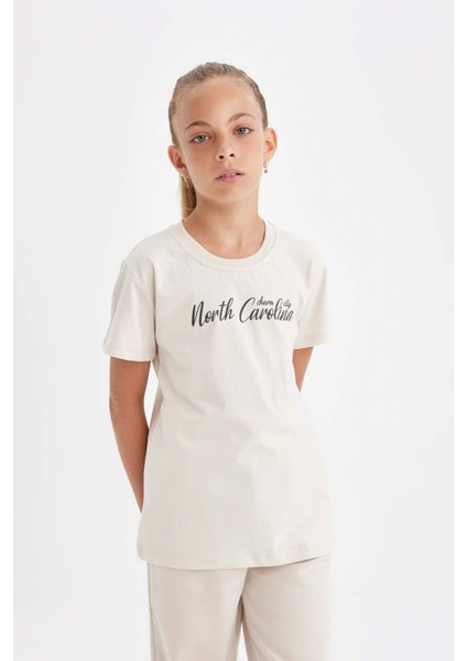 Kız Çocuk Bisiklet Yaka Yazı Baskılı Kısa Kollu Okul Tişörtü