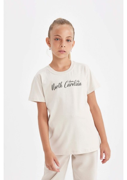 Kız Çocuk Bisiklet Yaka Yazı Baskılı Kısa Kollu Okul Tişörtü