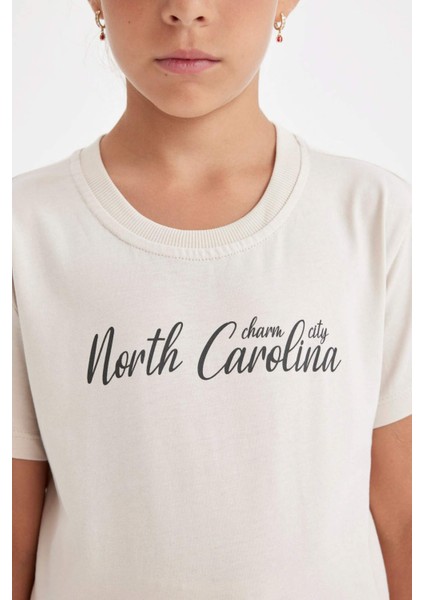 Kız Çocuk Bisiklet Yaka Yazı Baskılı Kısa Kollu Okul Tişörtü