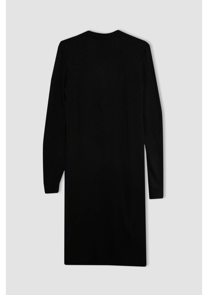 Regular Fit V Yaka Basic Düz Cepli Uzun Siyah Triko Hırka G5685AZ24AU