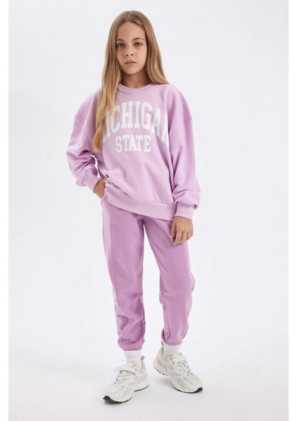 Kız Çocuk Relax Fit Bisiklet Yaka Baskılı Okul Sweatshirt C7460A824AU