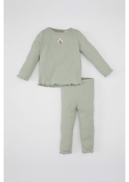 Kız Bebek 2'li Takım Çiçekli Fitilli Kaşkorse Uzun Kollu Tişört Beli Lastikli Alt