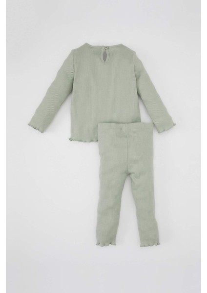 Kız Bebek 2'li Takım Çiçekli Fitilli Kaşkorse Uzun Kollu Tişört Beli Lastikli Alt