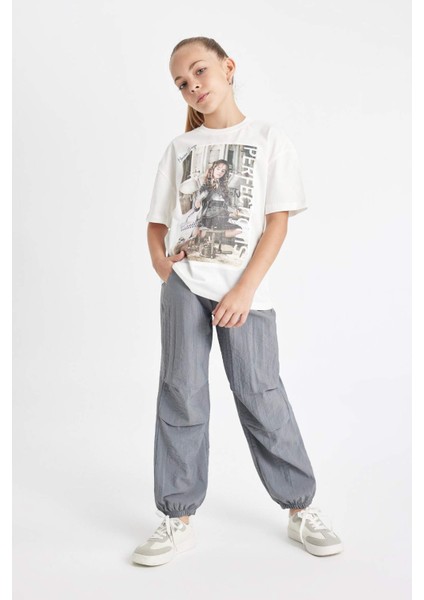 Kız Çocuk Beli ve Paçası Lastikli Cepli Gri Paraşüt Jogger Pantolon D0646A824SM