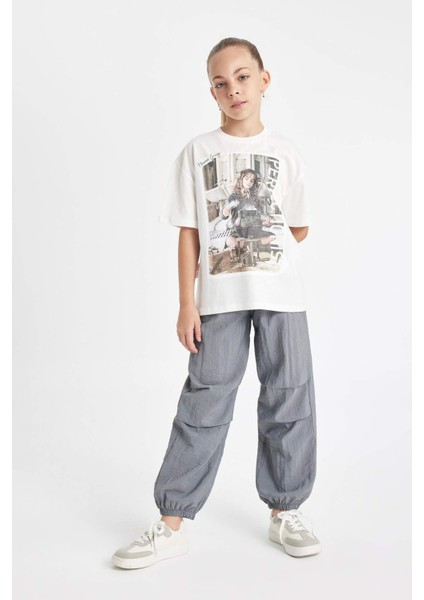Kız Çocuk Beli ve Paçası Lastikli Cepli Gri Paraşüt Jogger Pantolon D0646A824SM