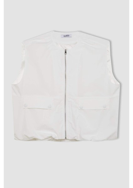 Oversize Geniş Kalıp Mevsimlik Hafif Poplin Yelek Bisiklet Yaka Fermuarlı Cepli C8839AX24SM