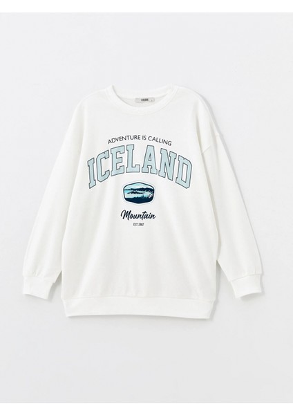 Xsıde Ekru Bisiklet Yaka Baskılı Oversize Kadın Sweatshirt indirimleri