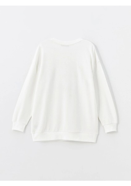 Xsıde Ekru Bisiklet Yaka Baskılı Oversize Kadın Sweatshirt