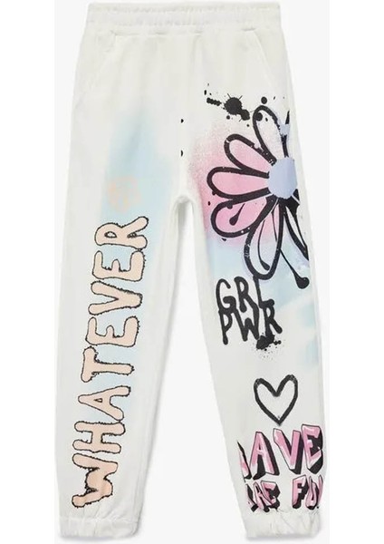 Şardonlu Beli Lastikli Baskılı Jogger Ekru Kız Çocuk Eşofman Altı 6WKG40049AK