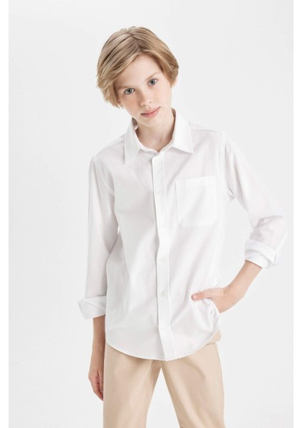 Erkek Çocuk Polo Yaka Oxford Uzun Kollu Basic Düz Beyaz Okul Gömleği T8854A624AU
