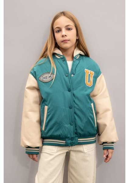 Kız Çocuk Çıkarılabilir Kapüşonlu Kolej Yaka Çıtçıtlı Cepli Bomber Mont C5407A824AU