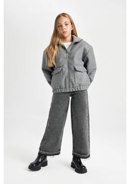 Kız Çocuk Rüzgar Geçirmez Dik Yaka Fermuarlı Çift Cepli Lastikli Kaşe Mont C5470A824AU