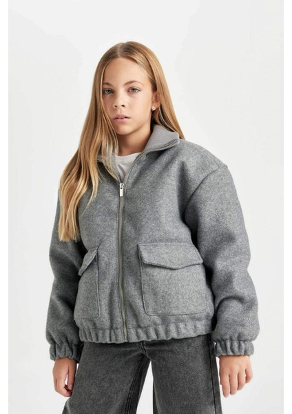 Kız Çocuk Rüzgar Geçirmez Dik Yaka Fermuarlı Çift Cepli Lastikli Kaşe Mont C5470A824AU