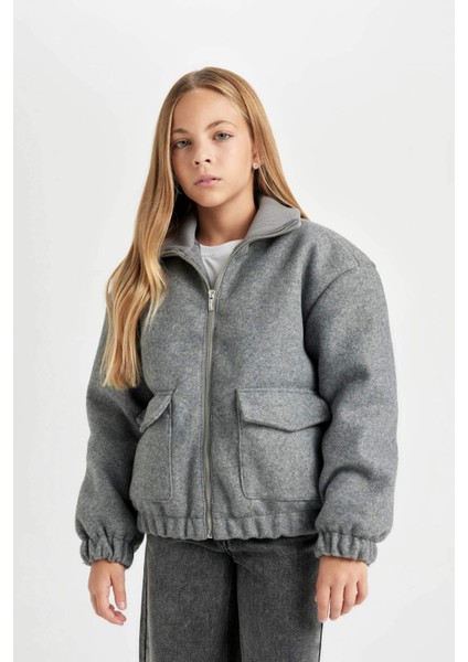 Kız Çocuk Rüzgar Geçirmez Dik Yaka Fermuarlı Çift Cepli Lastikli Kaşe Mont C5470A824AU