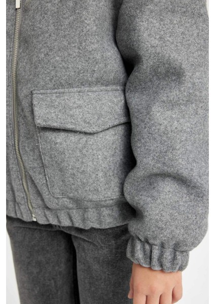 Kız Çocuk Rüzgar Geçirmez Dik Yaka Fermuarlı Çift Cepli Lastikli Kaşe Mont C5470A824AU