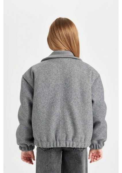 Kız Çocuk Rüzgar Geçirmez Dik Yaka Fermuarlı Çift Cepli Lastikli Kaşe Mont C5470A824AU