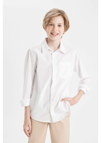 Erkek Çocuk Polo Yaka Oxford Uzun Kollu Basic Düz Beyaz Okul Gömleği T8854A624AU