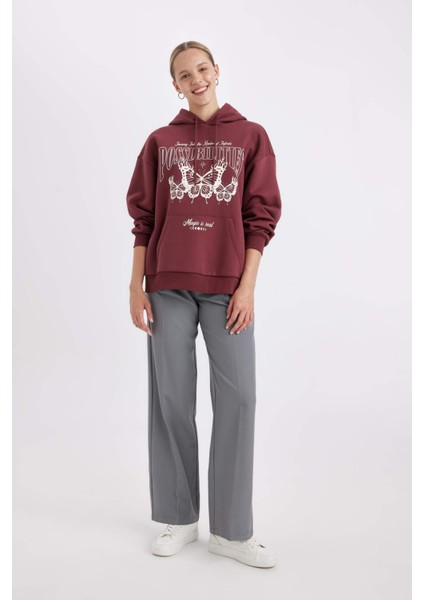Oversize Geniş Kalıp Kapüşonlu Baskılı Kalın Sweatshirt C7816AX24WN