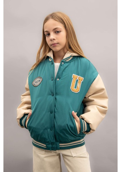 Kız Çocuk Çıkarılabilir Kapüşonlu Kolej Yaka Çıtçıtlı Cepli Bomber Mont C5407A824AU