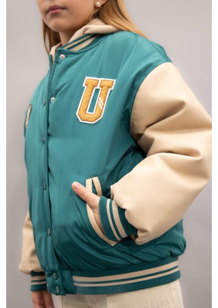 Kız Çocuk Çıkarılabilir Kapüşonlu Kolej Yaka Çıtçıtlı Cepli Bomber Mont C5407A824AU